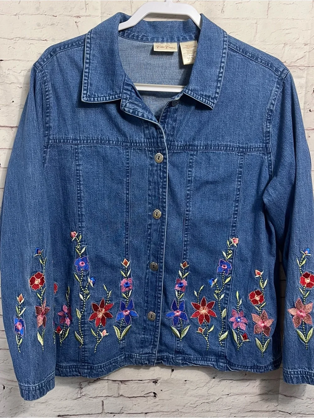 Vintage Floral Embroidered Denim Jacket Women Large Blue Jean Cottagecore Boho